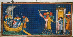 Luis IX desembarcando en Túnez, y franceses aislados por sarracenos en la torre, de Chroniques de France ou de St Denis, siglo XIV (22528512660)