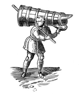 Un aprendiz, llevando un recipiente de madera tan alto como él, en su camino a buscar agua de Georgius Braun