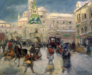 La plaza de Iljinskaja, Moscú, c.1910 (óleo sobre lienzo) de Georgiy Alexandrovich Lapshin