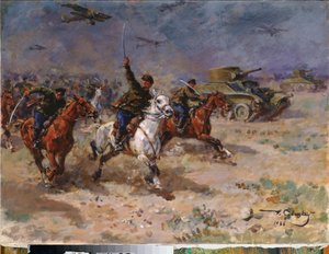 Ataque (Tanques y caballería del Ejército Rojo durante la revolución de octubre) - Ataque - Pintura de George (Georgy, Georgi) Konstantinovich Savitsky (1887-1949), óleo sobre lienzo de Georgiy Konstantinovich Savitsky