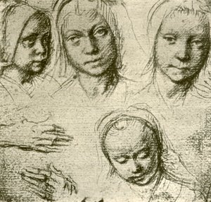 Cuatro cabezas de una joven y dos manos, c1500-1505, 1908 de Gerard David
