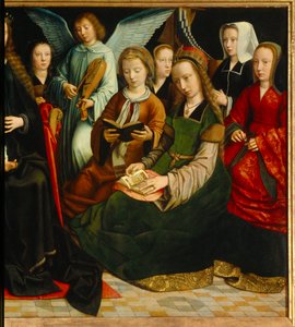 La Virgen entre los santos. Detalle de las santas: Santa Apolonia, Santa Godelina, Santa Cecilia, Santa Bárbara, Santa Lucía de Gerard David