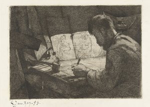 Autorretrato detrás de la mesa de dibujo de Gerard Jan Bos (signed by artist)