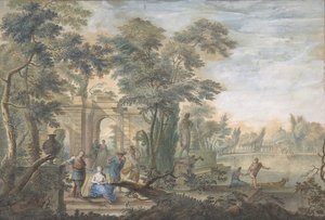 Paisaje Arcadio con varias Figuras y una Estatua de Diana, siglo XVIII de Gerard Melder