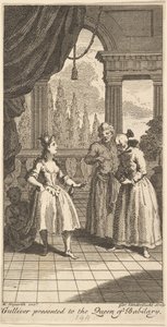 Gulliver Presentado a la Reina de Babilary, Frontispicio de Los Viajes del Sr. ..., febrero de 1730