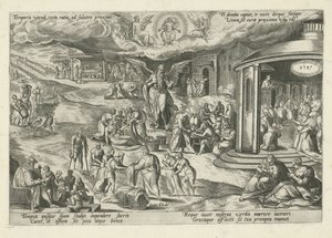 Padre Tiempo en medio de escenas de obras de misericordia y virtudes cristianas Temporis utendi recta ratio, ad salutem proximi (...) (título sobre objeto) Alegorías moralizantes del tiempo (título de la serie)