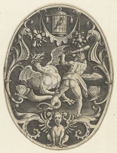 Decoración de superficie: Hércules mata al dragón Ladon Decoraciones de superficie ovalada con las hazañas de Hércules en grutescos (título de la serie)