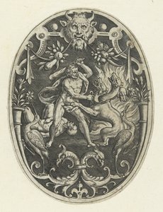 Decoración de superficie: Hércules mata al monstruo Gerión Decoraciones de superficie ovalada con las hazañas de Hércules en grutescos (título de la serie)
