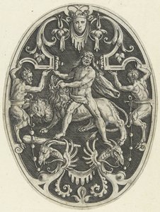 Decoración de superficie: Hércules y el león de Nemea Decoraciones de superficie ovalada con las hazañas de Hércules en grutescos (título de la serie)