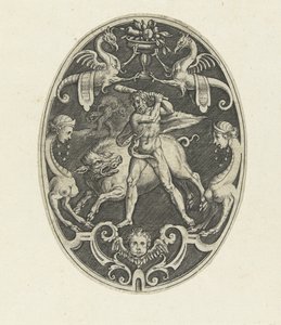 Decoración de la superficie: Hércules captura al jabalí Erymantic Decoraciones de superficie ovalada con las hazañas de Hércules en grutescos (título de la serie)