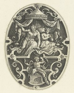 Decoración de superficie: Hércules estrangula a las dos serpientes en su cuna Decoraciones de superficie ovalada con las hazañas de Hércules en grutescos (título de la serie)