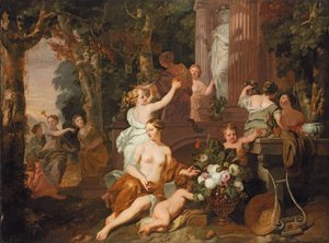 Ninfas y bacantes rindiendo homenaje en el templo de Flora de Gerard de Lairesse