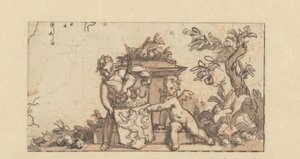 Diseño de una viñeta con dos putti con el escudo de Holanda de Gerard de Lairesse