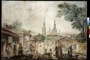 Una cura termal (Sauna) en Moscú (Un baño de cura en Moscú). Pintura de Gerard de la Barthe (activo entre 1787 y 1810). Acuarela sobre papel, 45,7 x 66,7 cm, hacia 1790. Arte francés del siglo XVIII. Museo de colecciones privadas en A. Pushkin Museo de Bel de Gerard de la Barthe