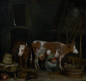 Una criada ordeñando una vaca en un establo de Gerard ter Borch
