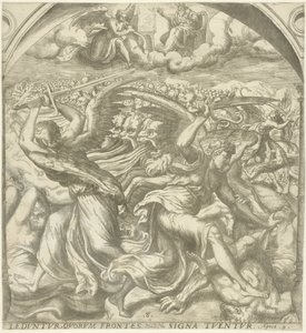 Cuatro ángeles de la muerte matan al pueblo después del sexto toque de trompeta Ledvntvr qvotvm frontes non signa tvtvr (título sobre objeto) Apocalipsis de Juan (título de la serie) de Gerard van Groeningen