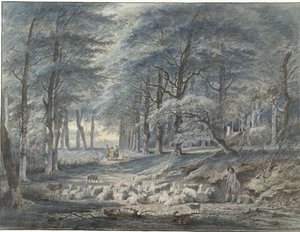 Escena de bosque con un pastor y ovejas y tres figuras de Gerard van Nijmegen
