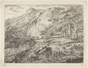 Empaca burros en un puente junto a una cascada Paisajes (serie C) (título de la serie) de Gerard van Nijmegen