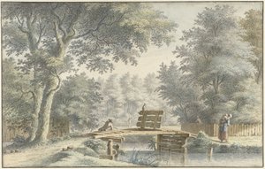 Paisaje con un puente en el que se encuentra un pescador