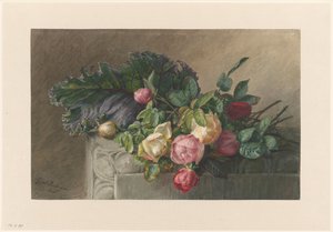 Bodegón con rosas y hoja de col