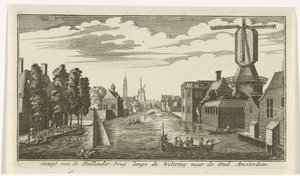 Ver a lo largo del wetering en Amsterdam Vista desde el puente Stadlander a lo largo de Wetering hasta la ciudad de Ámsterdam (título sobre el objeto) de Gerardus Condet