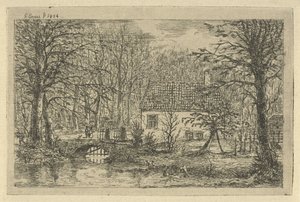 Casa con puente sobre zanja La casa del cazador en Haagsche Bosch de Gerardus Emaus de Micault