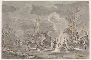 Campamento del ejército con soldados alrededor de una hoguera de Gerardus Emaus de Micault