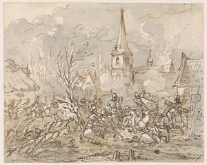 Los jinetes luchan en la toma de un pueblo de Gerardus Emaus de Micault
