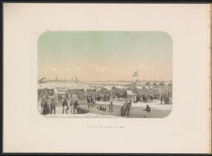 Entretenimiento sobre hielo en el Maas en Rotterdam, visto desde la fortaleza, 1855 Vista de la fortaleza de Maas (título sobre el objeto) El entretenimiento sobre hielo en el Maas en Rotterdam en febrero de 1855, con subtítulos (título de la serie en el o de Gerardus Johannes Bos