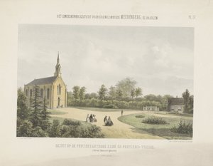 Iglesia y casa del portero detrás del Meerenberg Vista de la iglesia protestante y la casa del portero (título sobre objeto) El asilo médico para los dementes Meerenberg cerca de Haarlem (título de la serie sobre el objeto)