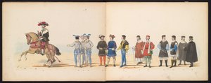 Mascarada de los estudiantes de Leiden, 1855 (lámina 11) Procesión de disfraces realizada por los miembros del cuerpo de estudiantes de Leiden el 12 de junio de 1855, en celebración del 280 aniversario de la Leidsche Hoogeschool, que representa la entrada  de Gerardus Johannes Bos