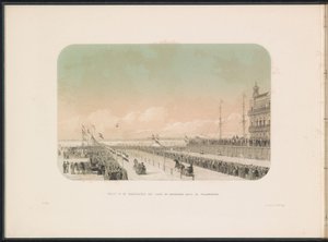 Carrera de carruajes tirados por caballos en el Maas en Rotterdam, 1855 Vista de las carreras de trotones con trineos tirados por caballos y bufones, a lo largo del Willemskade (título sobre el objeto) El entretenimiento sobre hielo en el Maas en Rotterdam de Gerardus Johannes Bos