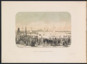 Concurso de yates de vela sobre hielo en el Maas en Rotterdam, 1855 Vista de la partida de hardsail con botes de hielo (título sobre el objeto) El entretenimiento sobre hielo en el Maas en Rotterdam en febrero de 1855, con subtítulos (título de la serie en de Gerardus Johannes Bos