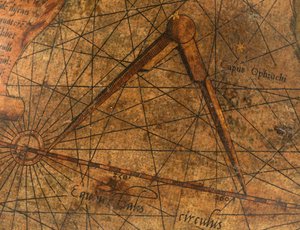 Globo terráqueo, detalle del Océano Pacífico con un gran par de divisores de Gerardus Mercator