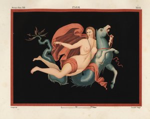 Una nereida (ninfa marina) con manto y brazaletes cabalgando sobre un monstruo marino o hipocampo, mitad caballo y mitad pez. Museo Naz. XXII, Stabiae. Dibujado y cromolitografiado por Victor Steeger a partir de Emile Presuhn (1844-1878) Las más bellas pin de Geremia Discanno