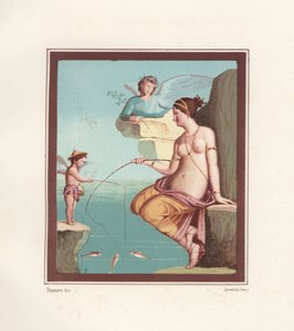 Mural de Venus y Cupido pescando con cañas desde el mar. Encontrado en Regio VI.XIV.28, la Taberna Lusoria. Cromolitografía de Victor Steeger a partir de una ilustración de Geremia Discanno de Emile Presuhn (1844-1878) Las pinturas más bellas de Pompeya, L