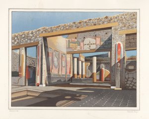 Vista del tablinum, una habitación apartada del atrio, en la casa del banquero Lucius Caecilis Iucundus, Reg V, Ins 1, 26. Cromolitografía de Victor Steeger a partir de una ilustración de Geremia Discanno de Emile Presuhn (1844-1878) The Most Beautiful Pai de Geremia Discanno