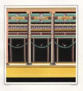 Pintura mural de una habitación de la Casa de los Epigramas. V, Ins. 1, nº 18. Cromolitografía de Victor Steeger a partir de una ilustración de Geremia Discanno de Emile Presuhn (1844-1878) Las más bellas pinturas de Pompeya, Leipzig. de Geremia Discanno
