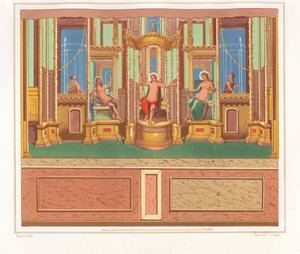 Pintura mural que muestra a Baco, Venus y Apolo desde una zona aislada y sentada en un rincón de un jardín de la Domus M. Herenulli Communis o Casa de Apolo, Reg. VI, Ins. VII, nº 23. Cromolitografía de Victor Steeger a partir de una ilustración de Geremia de Geremia Discanno