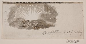 Viñeta con los escudos de las tres naciones nórdicas en nubes frente al sol de Gerhard Ludvig Lahde