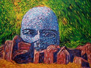 Cabeza olmeca con rocas, 2022 (óleo sobre lienzo) de Gerhardt Isringhaus