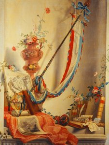 Un estandarte, flores en una urna, un relieve, un globo, una impresión, una brújula, un juego de escritura, cartas y el Atlas de Blaeu en un nicho