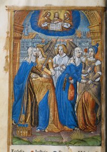Libro de oro, con alegorías de la Iglesia, Justicia, Paz y Misericordia, c.1500