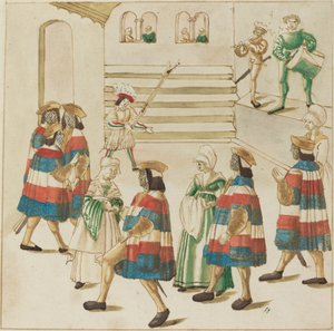 Hombres en rojo, blanco y azul bailando con sus parejas