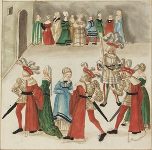 Tres Hombres con Capas Rojas Bailando con sus Parejas de German 16th Century