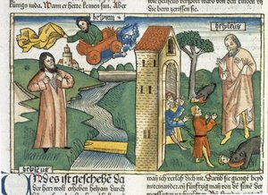 2 Reyes 2:1-24 Elías asciende al Cielo en un torbellino y los niños que se burlaron de Eliseo son devorados por osos, de la Biblia de Núremberg (Biblia Sacra Germanaica) de German School