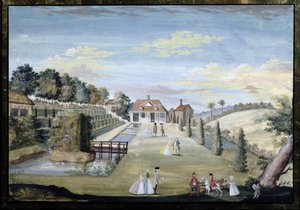 Un jardín de agua formal con terrazas, parterres de agua y figuras desfilando, c.1730