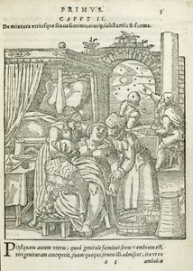 Una mujer en trabajo de parto, ilustración del capítulo 2, Libro 1 de Sobre la Concepción y el Crecimiento del Hombre por Rueff, 1587 de German School