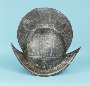 Un morrión de peine, grabado con cabezas de querubines, esfinges y caballos alados, el centro con un guerrero pseudo clásico en armadura contemporánea con espada y escudo de German School