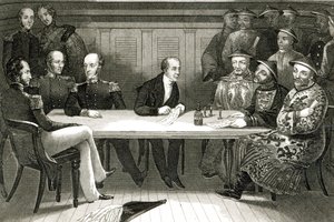 Una conferencia en Chusan entre el comodoro Bremer y Chang, un oficial chino, a bordo del HMS Wellesley, 4 de julio de 1841 de German School